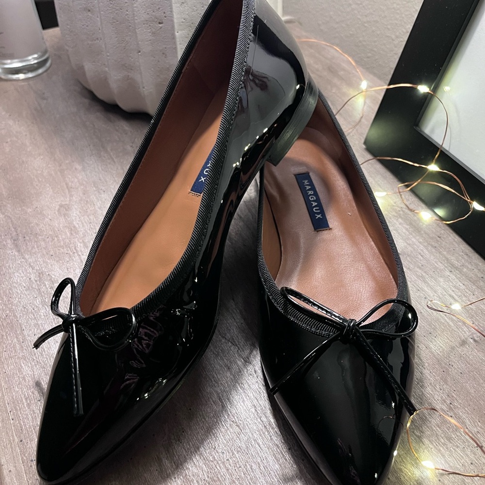 Margaux Glossy Black Flats with Bow Accent